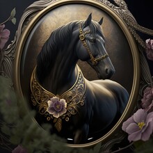  A Horse With A Gold Collar And A Flower In A Frame With Flowers Around It And A Black Background.