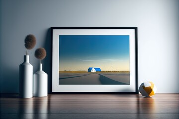 Wall Mural -  a picture of a house and two vases on a table with a picture frame on it and a blue house in the background. Generative AI