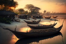A Group Of Boats Sitting On Top Of A River Next To A Forest Covered Shore Line At Sunset Or Dawn.