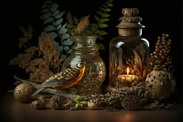 a painting of a bird sitting on a table next to a jar of candles and a candle holder with a candle.