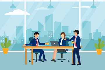 business team meeting in the office while sitting, horizontal design illustration