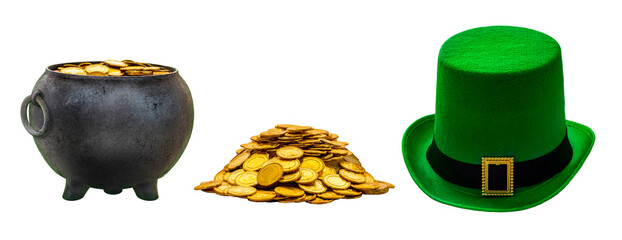 St.Patrick 's Day. Cauldron with gold coins and green leprechaun hat