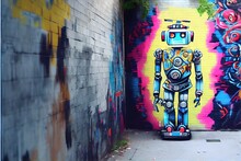 Generative AI Image Of Robot Graffiti. Robotic Street Artist With Artificial Intelligence Made By AI To Represent The War Between Anti-AI Artists And AI Art Directors. 