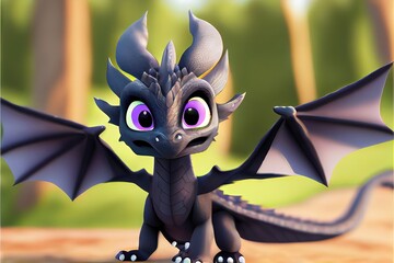 A mythical dragon generated in a 3D style in a variety of colors. Generative AI image in modern animation style. This dragon is black