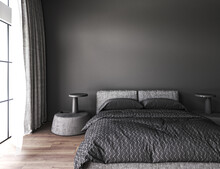 Black Modern Minimalism Interior Of Stylish Master Bedroom With Wooden Floor, Comfortable King Size Bed And Large Window. Front View. Mockup Gray Wall. 3d Rendering. High Quality 3d Illustration