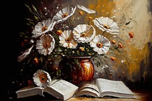 Oil Painting Style Still Life Illustration Of  Daisy Flower Bouquet In Vase With Books Open, Idea For Wallpaper And Background In Spring Theme