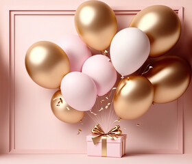 Holiday celebration background with pink Gold balloons, gifts and confetti. Happy holiday greeting card,  party invite, banner, invitation or certificates with copy space.