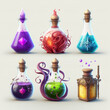 RPG Potion Bottles with Magic Elixir Illustration, Gaming Glass Flasks Set, Generative AI