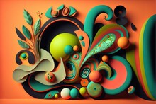 A Colorful Abstract Artwork With A Green Apple And Orange Background With A Green Leafy Plant And A Red Background.