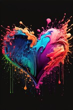  A Heart Shaped Painting With Paint Splatters On It's Side And A Black Background With A Black Background.