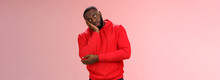 Annoyed Bored Funny Attractive African American Guy In Red Hoodie Roll Eyelids Facepalm Head Lean Hand, Hear Stupid Uninteresting Story Dying Boredom, Standing Careless Rude Pink Background