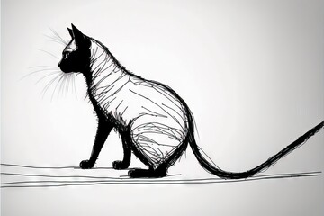 a black and white drawing of a cat sitting on the ground looking up at something in the sky behind it.