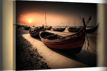 Poster - a group of boats sitting on top of a sandy beach at sunset or dawn in the ocean or ocean.