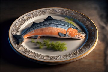 Sticker - a fish on a plate with a green plant on the side of it and a fish on the plate.