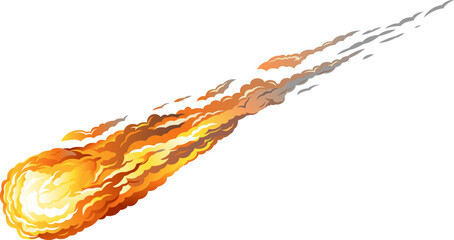 falling asteroid with long fiery tail isolated on white, dangerous natural phenomenon