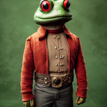 Anthropomorphic Frog With Antique Clothes. Human With Frog Head. Photomontage