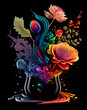 Rainbow colored arrangement of flowers with color liquid and splashes of paint. On a Black Background
generative ai