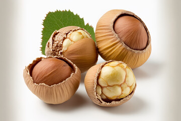 Sticker - Hazelnuts in whole and half on a white background. Isolated. Generative AI