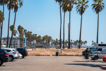 Los Angeles, USA. September 20, 2022. Cars parked in a row on road and tranquil view of palm trees growing on sandy beach with blue sky in background during summer season