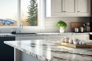 Canvas Print - Close up of a marble and granite kitchen counter island used for product display in a modern, spotless kitchen. Generative AI