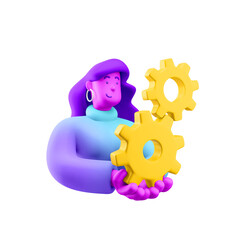 Sticker - 3d illustration. Cartoon girl 3d character with gear icon. Concept of technical works, repair and maintenance. 