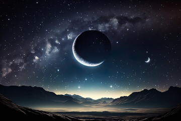 Wall Mural - dark starry sky with a dazzling moon is illuminated by a galaxy banner. generative ai