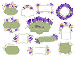 Sticker - Crocus flower frames flat icons set. Special bright yellow, purple, or white flowers spring-flowering plant