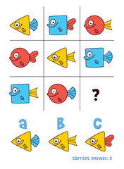 Wall Mural - Logical tasks composed of fish. IQ test. Choose correct answer. Educational game for children. Colorful cartoon characters. Funny vector illustration. Isolated on white background