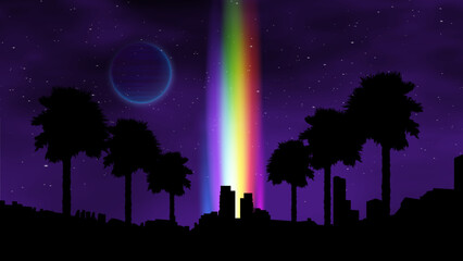 Wall Mural - waporwave retro sunset with palms on the beach. neon landscape futuristic galaxy background.