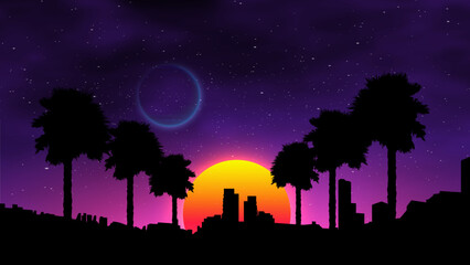 Wall Mural - Waporwave retro sunset with palms on the beach. Neon landscape futuristic galaxy background.