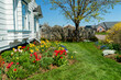 Flowerbeds full of spring flowers alongside a home in a urban neighborhood.