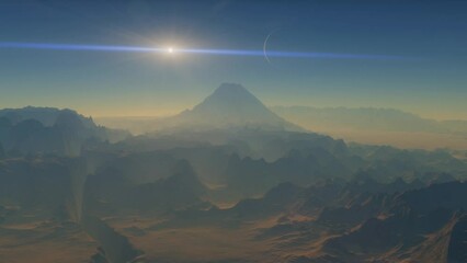 Wall Mural - Rocky surface of an alien planet. Lifeless landscapes on another planet. Alien exoplanet in another solar system. 3d animation of planet in space.