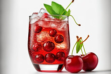 Red Cherry Soda Drink In A Glass, Isolated On A White Background. From The Apex. Generative AI