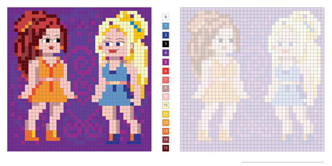 Wall Mural - pixel illustration vector, two girlfriends, pixel art, embroidery, coloring by cells for the development of children and adults, the development of counting logic, motor skills and imagination