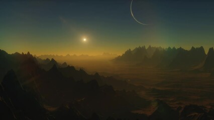 Wall Mural - Rocky surface of an alien planet. Lifeless landscapes on another planet. Alien exoplanet in another solar system. 3d animation of planet in space.