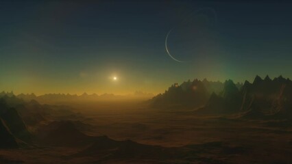 Wall Mural - Rocky surface of an alien planet. Lifeless landscapes on another planet. Alien exoplanet in another solar system. 3d animation of planet in space.