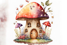 A Fairytale Home With A Roof Shaped Like A Fly Is Shown In Watercolor. A White Backdrop With An Illustration That Was Done By Hand. Generative AI