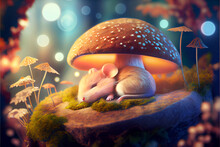 A Cute Little Mouse Sleeps In The Forest Under A Mushroom Glowing From The Inside