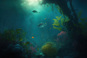 Wall Mural - a realistic underwater environment with flora. Generative AI