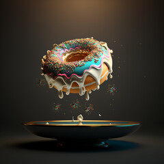 Hovering donut with golden and botanical decorations, Generative AI image