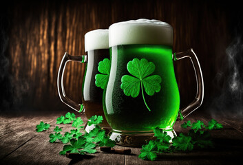 Wall Mural - Glass of green beer on jars with a four leaf clover decoration for saint patricks day celebration on a brown background, generative ai