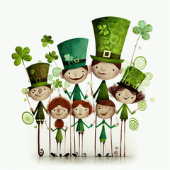 Wall Mural - Saint patrick day illustration decorated with four leaf clovers on a white background with copy space