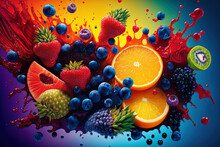 A Vibrant Blend Of Fresh, Healthful Fruits And Berries. Forest Fruits, Citrus, Berries, Exotic Tropical Fruits, And Juice Mix Splashes Are Arranged In A Large Collage Over A Backdrop Of Juice Droplets