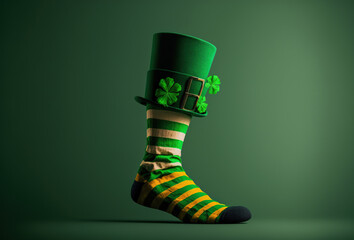 Wall Mural - Festive saint patrick´s day socks with a hat and four leaf clovers and copy space on a green background, generative ai