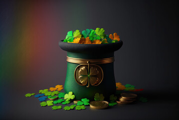 Wall Mural - Irish cauldron pot with cloves symbol of Leprechaun irish holiday in Ireland for Saint Patrick's day, ai generative illustration