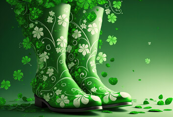 Wall Mural - Festive pair of green boots with four leaf clover decorations for st patricks day on a green background, generative ai