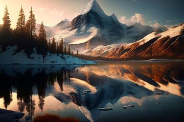 Wall Mural - Beautiful mountain and lake. Generative AI