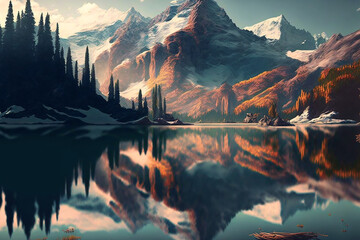 Wall Mural - Beautiful mountain and lake. Generative AI