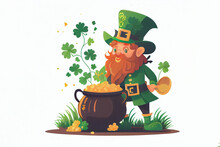 Cartoon Style Illustration Of Saint Patrick With Barrel Abundance With Golden Coins And Clover Leaves Sticker . AI