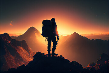 illustration of hiker with backpak on top of mountain looking at sunset . AI